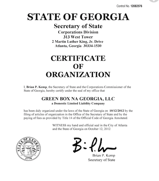 Green Box NA Georgia LLC Cert of Organization